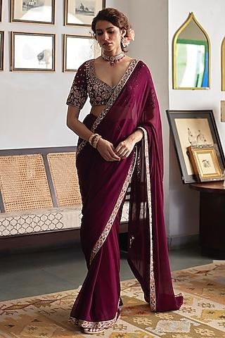 plum-georgette-hand-embroidered-saree-set