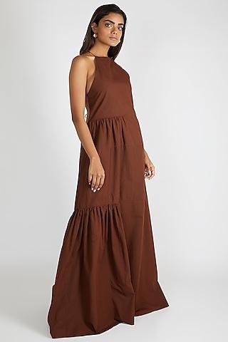 Brown High Neck Tiered Gown