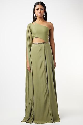 Olive Green Embroidered One-Shoulder Gown