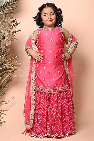 Fushia Pink Georgette Gota Embroidered Sharara Set For Girls