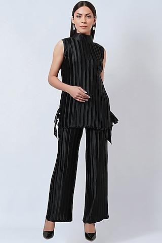 black-polyester-satin-box-pleated-top