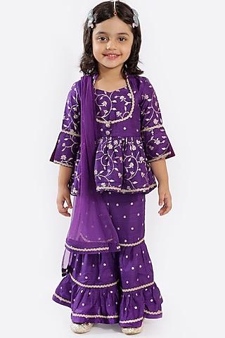 Violet Tiered Sharara Set With Zari Work For Girls