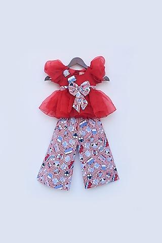 Red Cotton Printed Palazzo Pant Set For Girls
