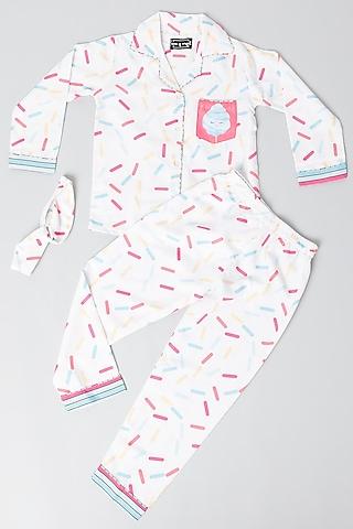 White Printed Pant Set With Hairband For Girls