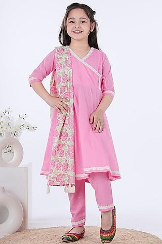 Pink Cotton Angrakha Kurta Set For Girls