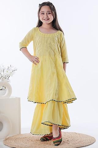 Pastel Yellow Cotton Kalidar Kurta Set For Girls