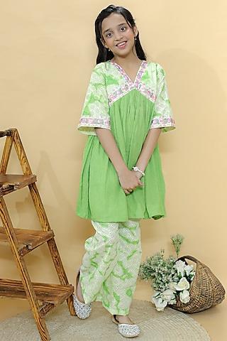 Pastel Green Cotton Hakoba & Georgette Lurex Embroidered Kurta Set For Girls