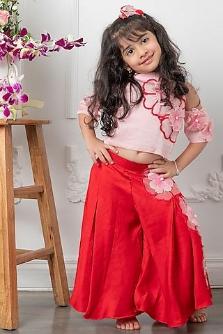 Pink & Red Organza satin Floral Embroidered Co-Ord Set For Girls
