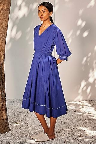 indigo-blue-mulmul-cotton-flared-dress