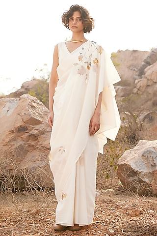 off-white-cotton-mul-floral-printed-saree-set