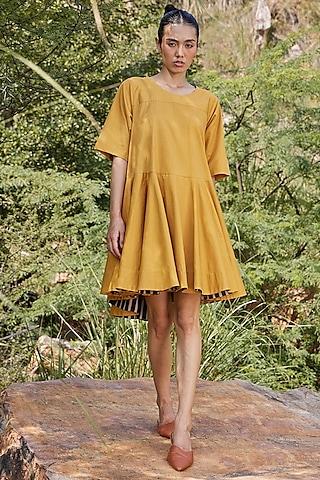 mustard-cotton-flared-dress