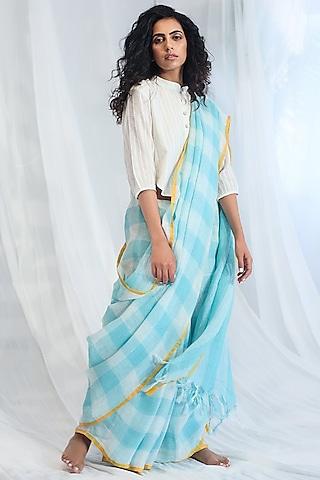sky-blue-gingham-printed-saree-set
