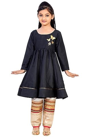 Black Silk Lace Embroidered Kurta Set For Girls