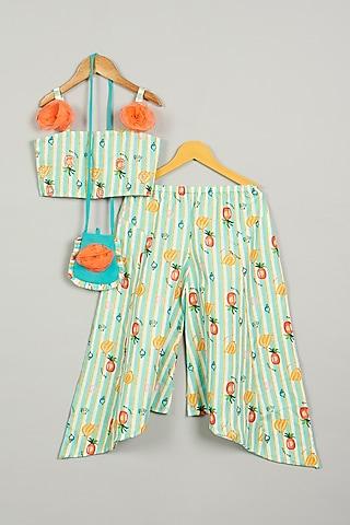 Multi-Colored Printed Pant Set With Sling Bag For Girls