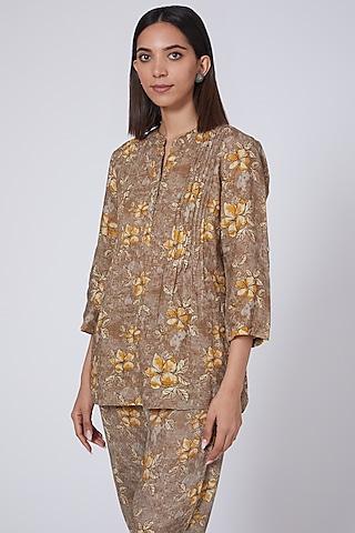 Brown Printed Pleated Blouse