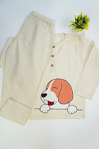 Beige Linen & Lyocell Puppy Hand Painted Co-Ord Set For Girls