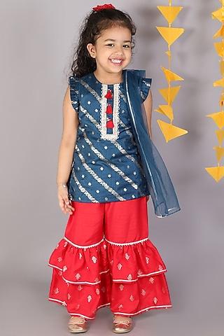 Red Polyester Sharara Set For Girls