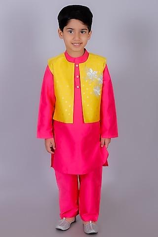 Yellow Polyester Foil Printed & Embroidered Nehru Jacket For Boys