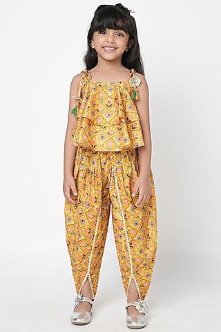 Yellow Lurex Muslin Printed Co-Ord Set For Girls