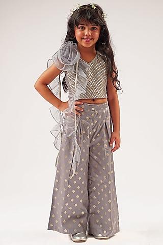Grey Cotton Foil Printed & Gota Patti Embroidered Co-Ord Set For Girls