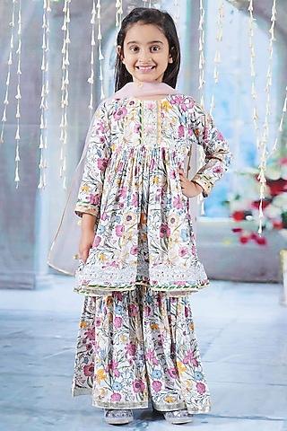 Off-White Cotton Floral Printed Sharara Set For Girls
