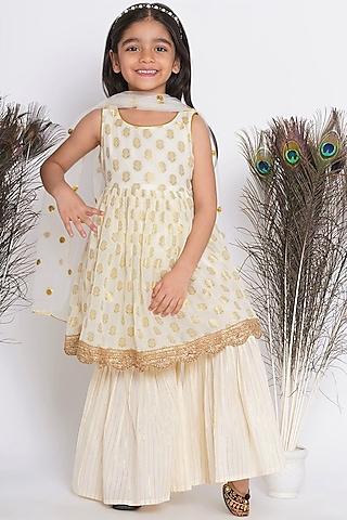 Cream Cotton Viscose Linen Striped Sharara Set For Girls