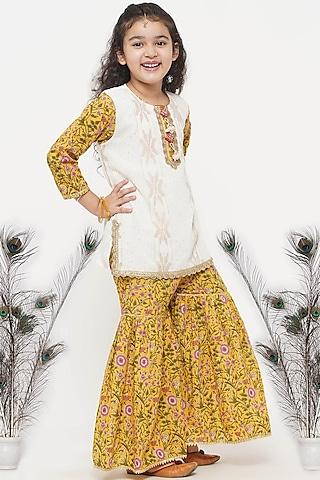 White & Yellow Embroidered Sharara Set For Girls