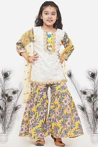 White & Yellow Printed Sharara Set For Girls