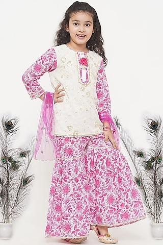 White & Pink Embroidered Sharara Set For Girls