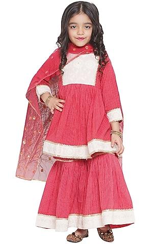 Red Cotton Gota Lace Embellished Sharara Set For Girls