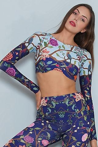 Blue Polyester & Spandex Chintz Printed Top