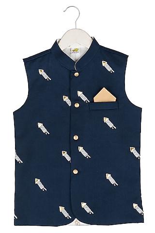 Navy Embroidered Nehru Jacket For Boys