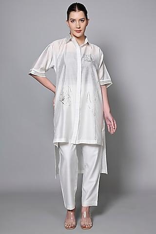 White Chanderi Silk & Polyester Gota Patti Embroidered Tunic Set
