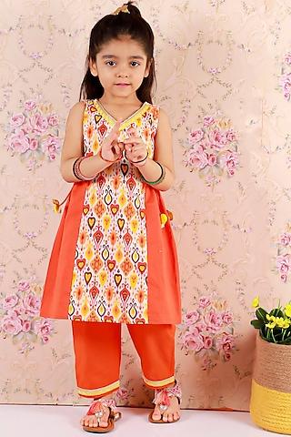 Orange Cotton Printed Kurta Set For Girls