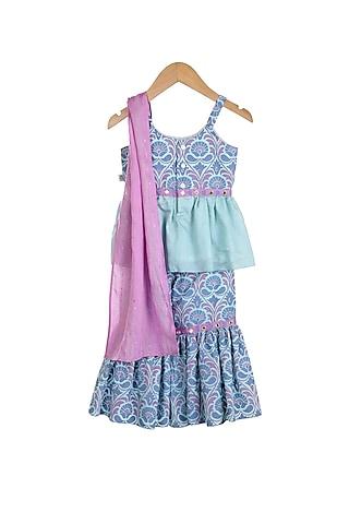 Blue & Lilac Embroidered Sharara Set For Girls