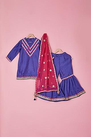 Cobalt Blue Handwoven Banarasi Gota Embroidered Sharara Set For Girls