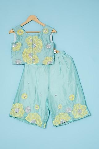 Turquoise Embroidered Palazzo Pant Set For Girls