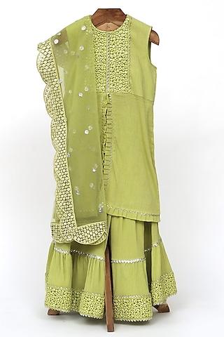 Green Crushed Cotton Sharara Set For Girls