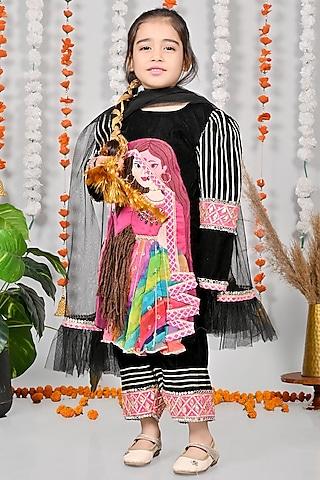 Black Satin & Net Motif Hand Embroidered Kurta Set For Girls