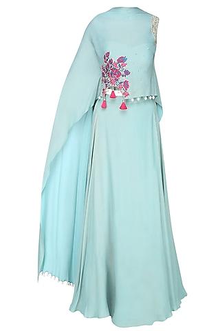 Frost Blue Rosette Motif Embroidered Cape With Matching Skirt