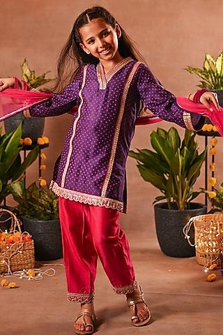 Purple Cotton Silk Printed Kurta Set For Girls