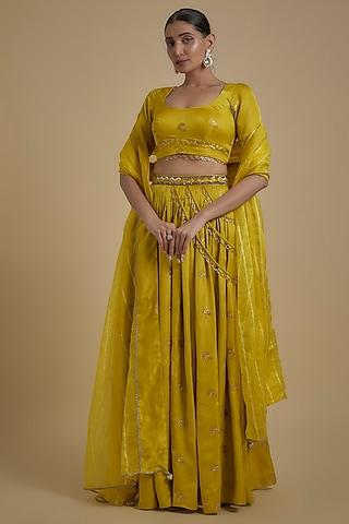 Yellow Silk Blend Botta Embroidered Kali Lehenga Set