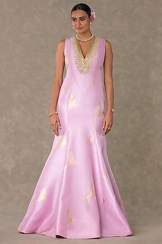 Pink Dupion Silk Foil Printed & Dori Work Gown