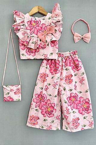 Pink & White Linen Printed Co-Ord Set For Girls
