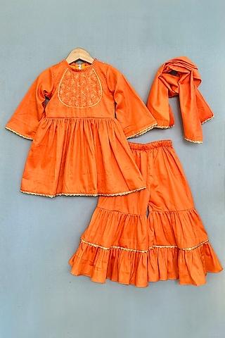 Orange Cotton Flared Sharara Set For Girls