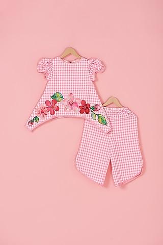 Pink Cotton Floral Embroidered Co-Ord Set For Girls