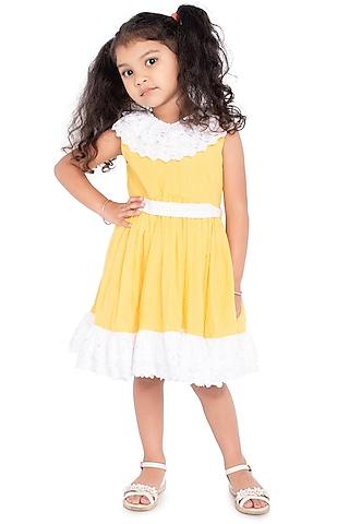 Yellow & White Dress With Polka Dots For Girls