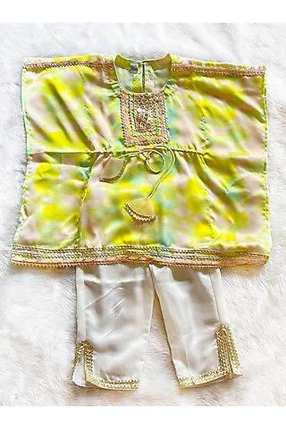 Green & White Linen Silk Tie-Dye Printed Kaftan Set For Girls
