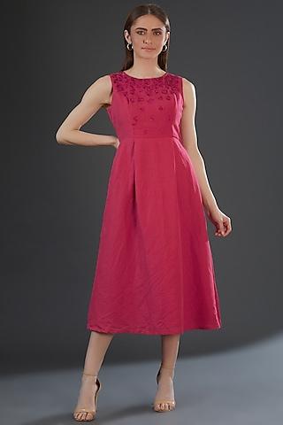 Dark Pink Cotton Linen Embroidered Midi Dress