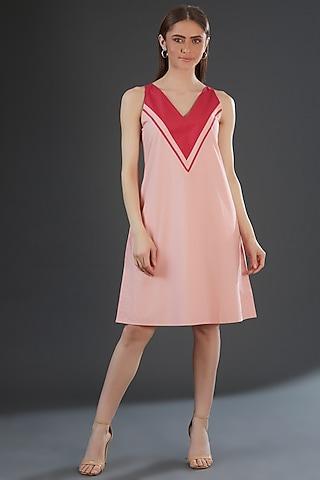 Light Pink Cotton Poplin Color Blocked Knee Length Dress